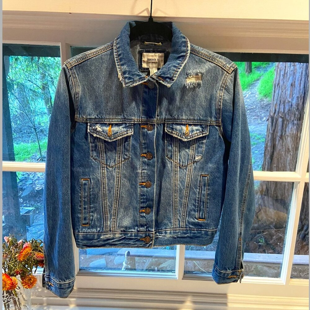 Vintage Forever 21 Cotton Denim Tattered Button Pockets Jacket Sm